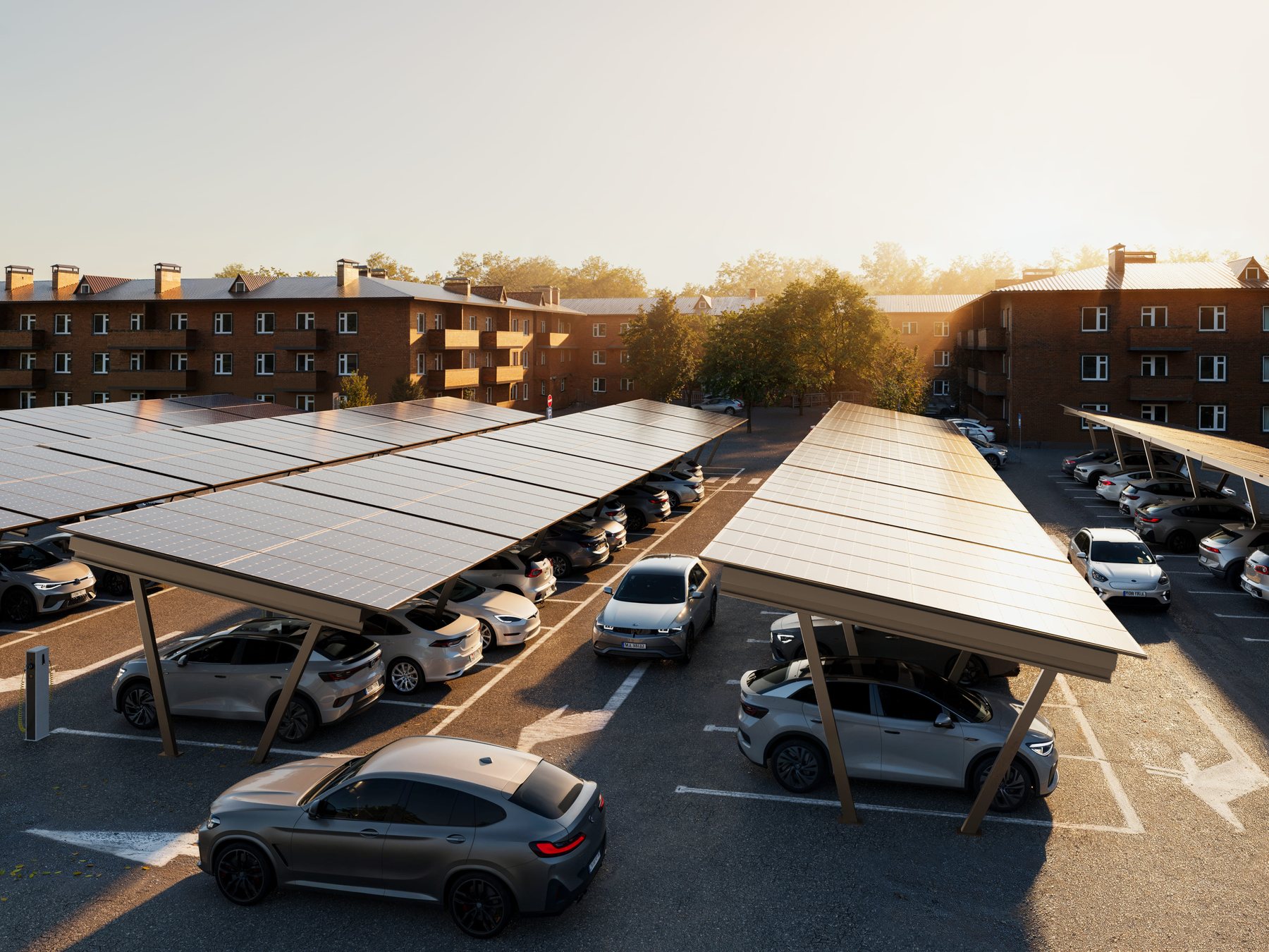 Nexus Carport-Reihen am Parkplatz einer Wohnanlage