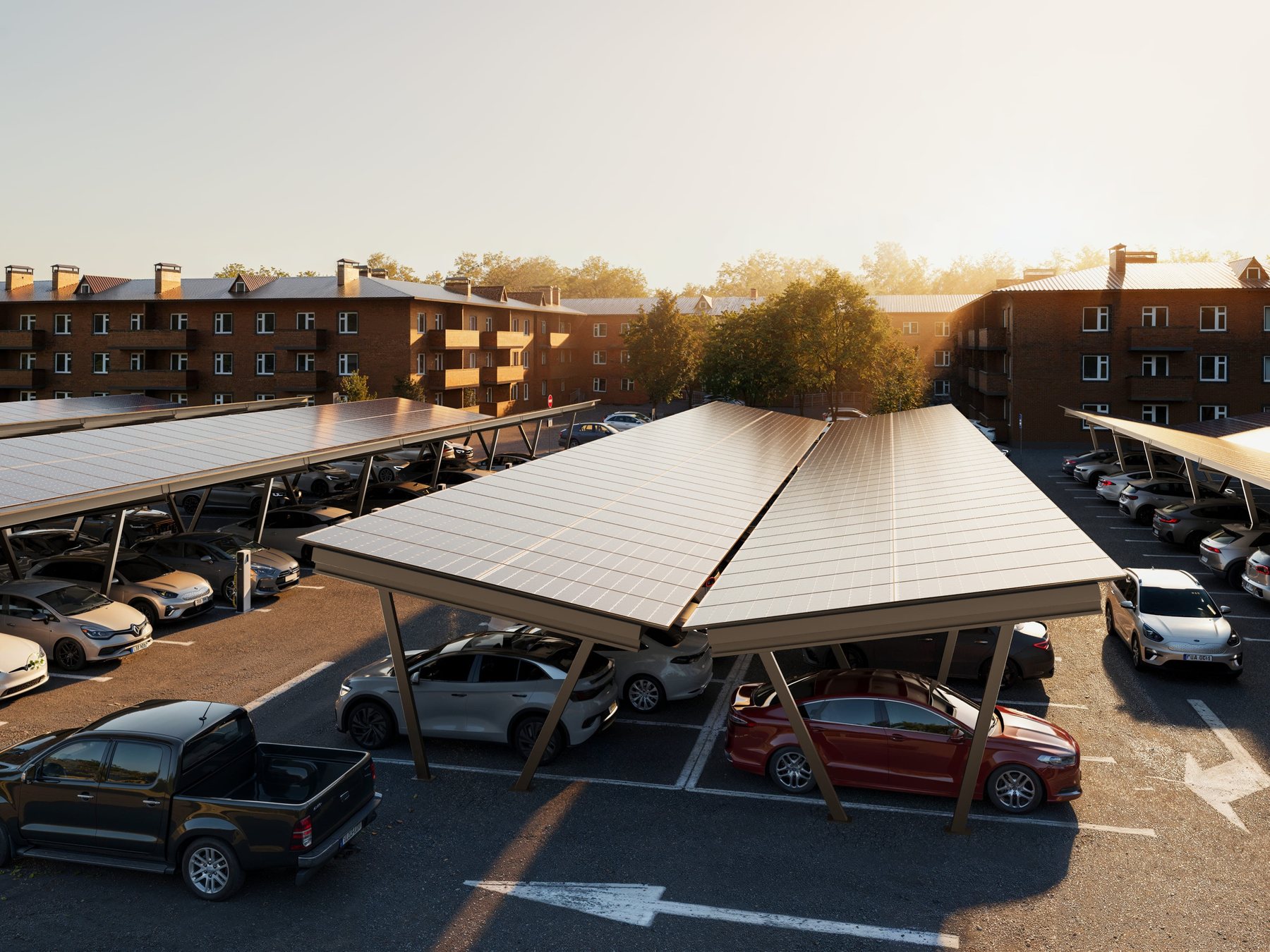 Nexus Carports im Wohnbau, Luftaufnahme